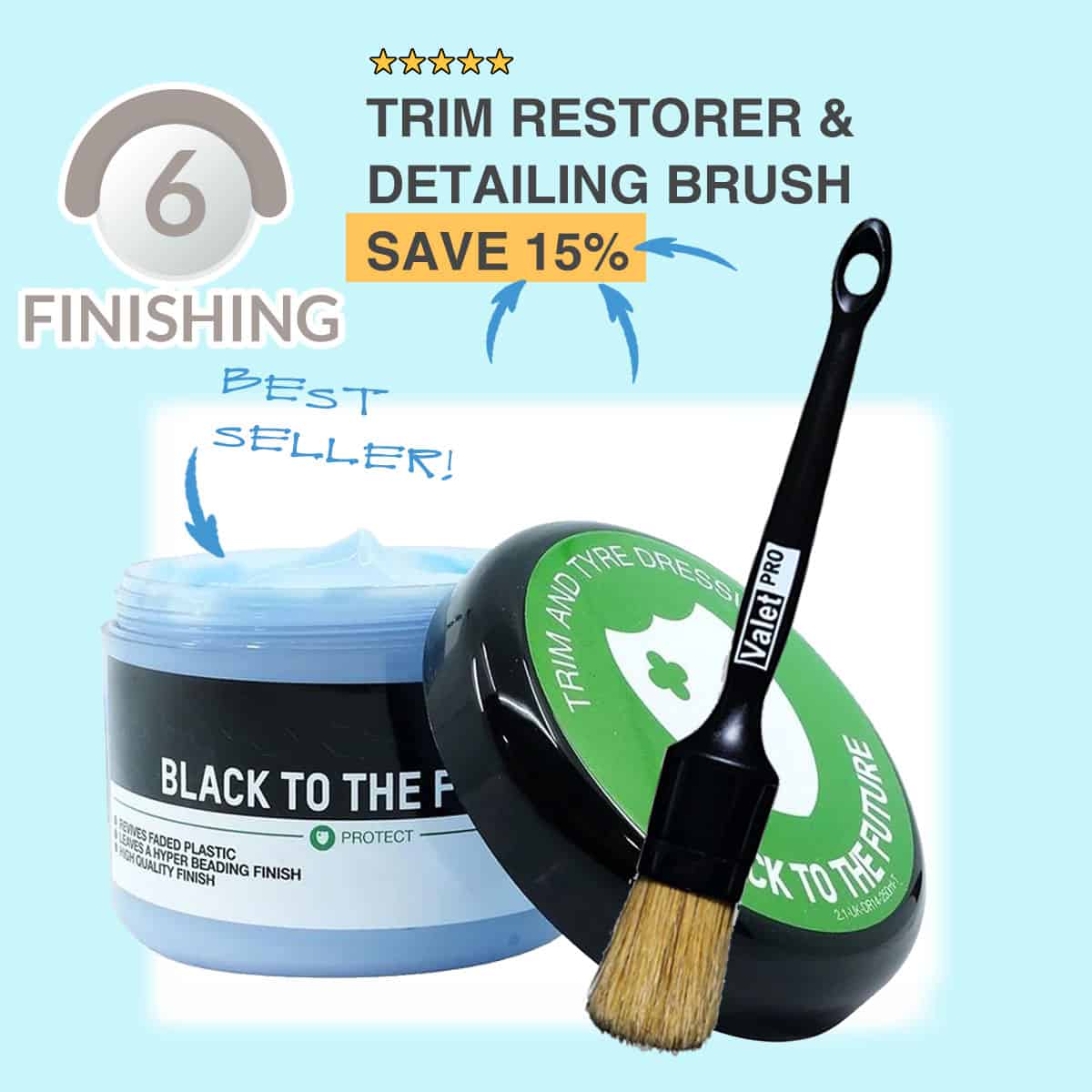 The Motohut FINISH Stage Trim & Tyre Restorer & Detailing Brush Bundle: The best-sellers plastics & rubber treatment AND the perfect brush to apply it