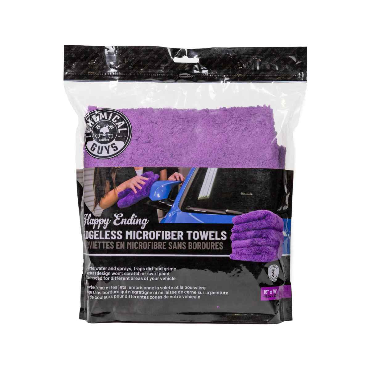 Chemical Guys Happy Ending Microfiber Towel 16x16 Inch 3pk - Purple