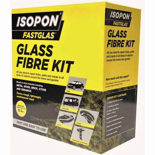 The Isopon Fastglas Glass Fibre Kit has everything you need to fix things around the house. It comes with resin, hardener, glass fibre, a mixing cup, and protective gloves.