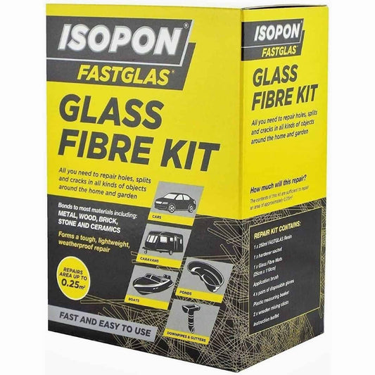 The Isopon Fastglas Glass Fibre Kit has everything you need to fix things around the house. It comes with resin, hardener, glass fibre, a mixing cup, and protective gloves.