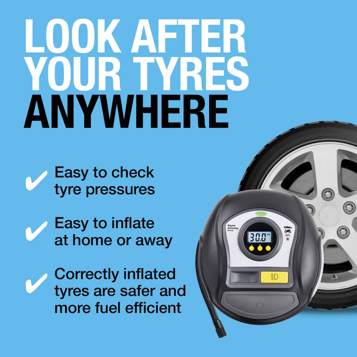 RTC450 Digital Auto-Stop Tyre Inflator: Fast and Efficient Inflation: Inflates a 13" tyre from flat to full in just 3.5 minutes.