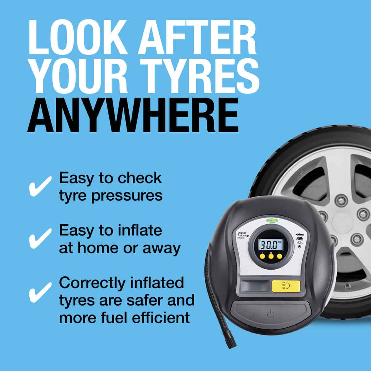 RTC450 Digital Auto-Stop Tyre Inflator: Long Power Cable and Air Hose: 3m 12V DC power cable and 50cm kink-free air hose for extended reach.