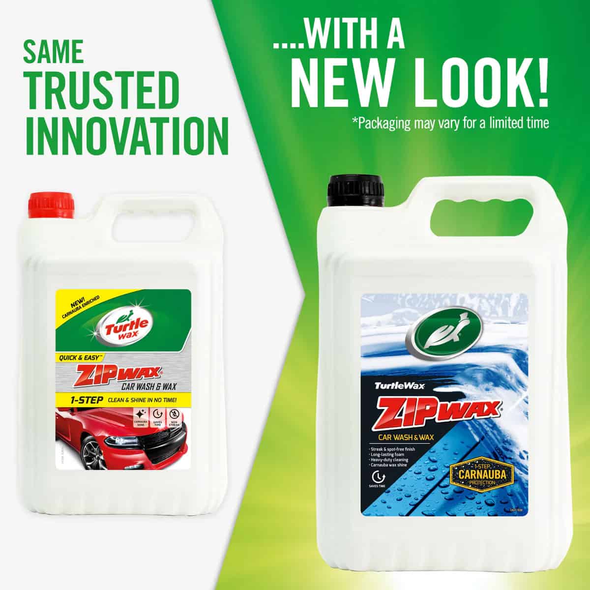 Wash and wax with ease! Turtle Wax Zip Wax is the most traditional of car shampoos, allowing you to shampoo wash your car, cleaning it while leaving behind a rich Carnauba-infused wax layer for instant & lasting shine! - packaging