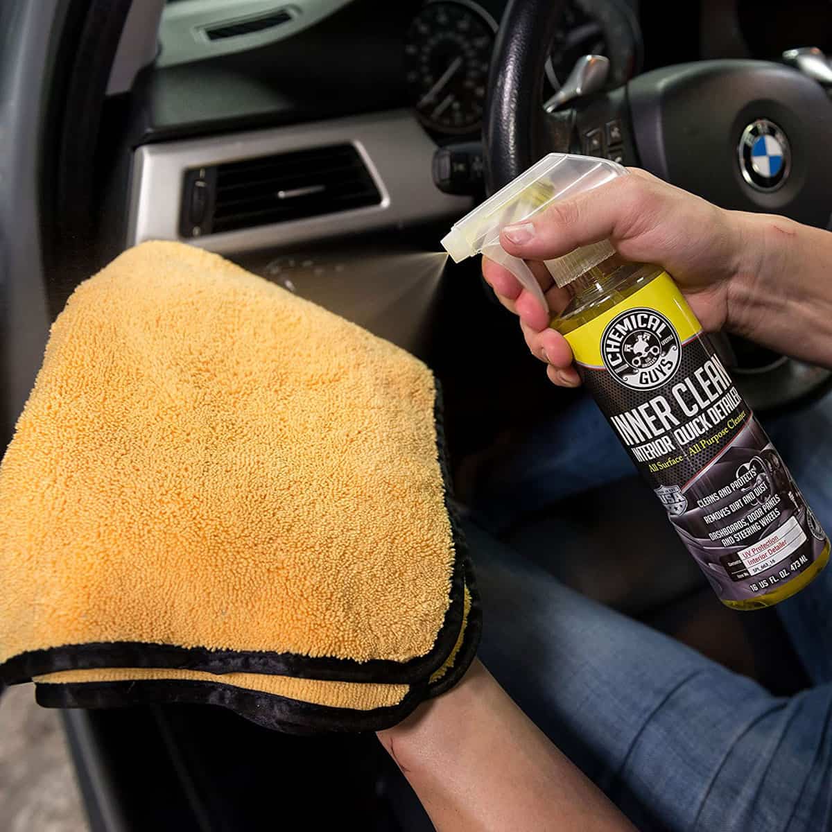 Chemical Guys Interior Quick Detailer & Protectant: Amazing job, pleasing but subtle smell, and leaves a quality feel cloth