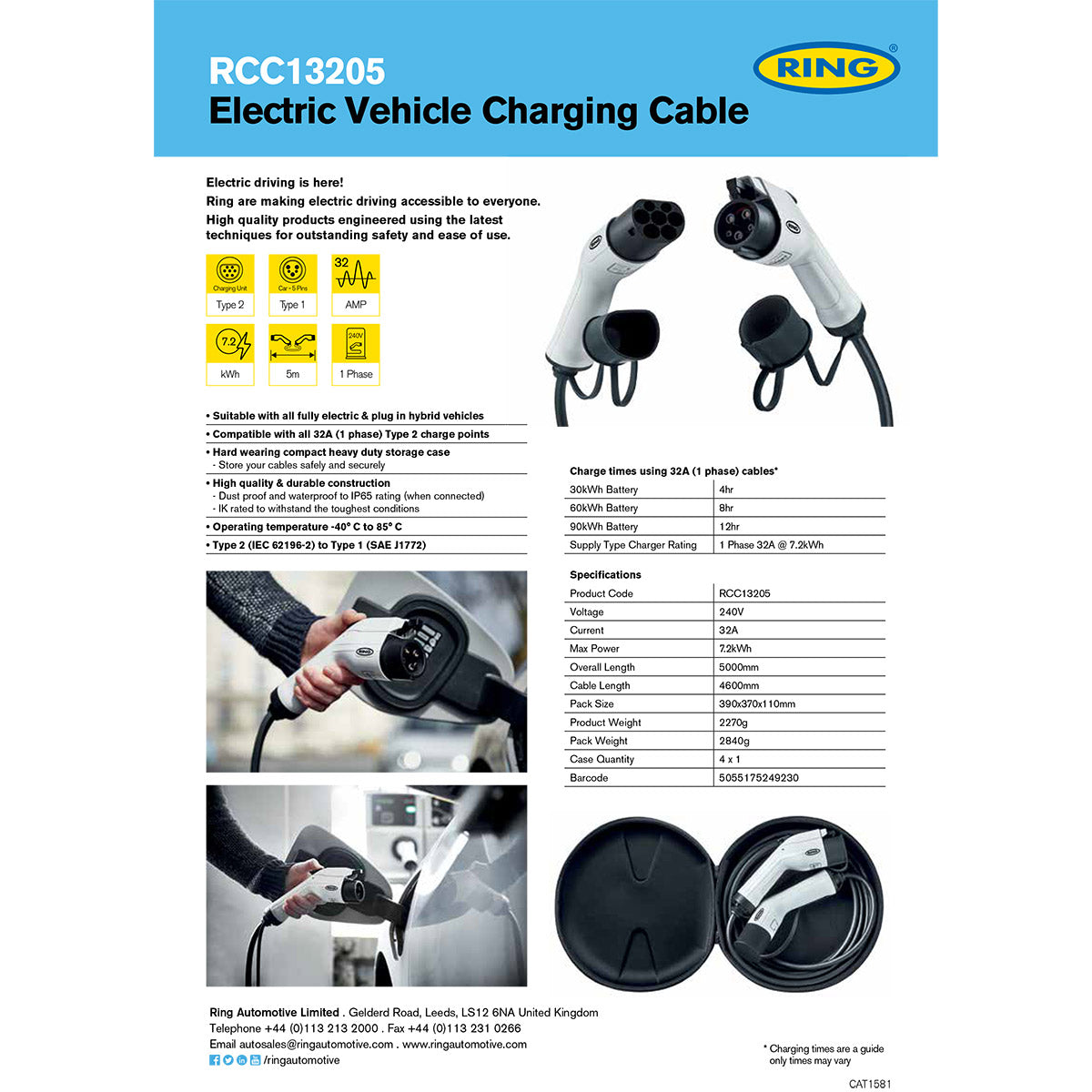 RING Electric Vehicle Charging Cable - Type 2 to Type 1 - 32A - 5 metre length