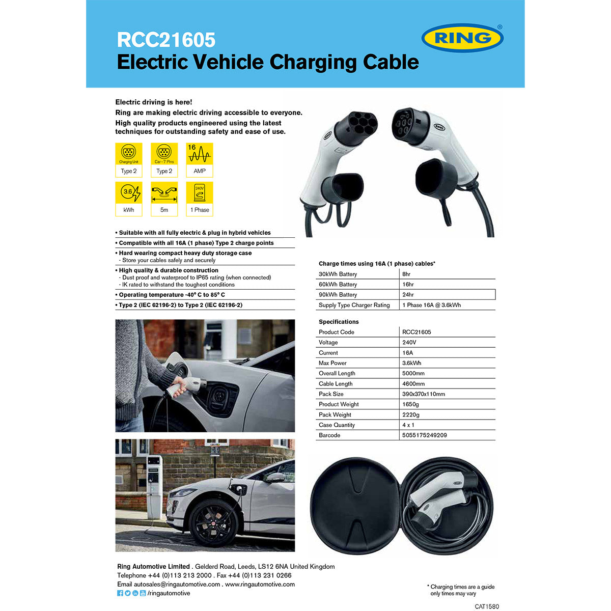 RING Electric Vehicle Charging Cable - Type 2 to Type 2 - 16A - 5 metre length