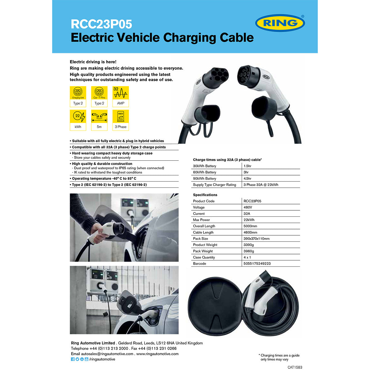 RING Electric Vehicle Charging Cable - Type 2 to Type 2 - 32A - 5 metre length